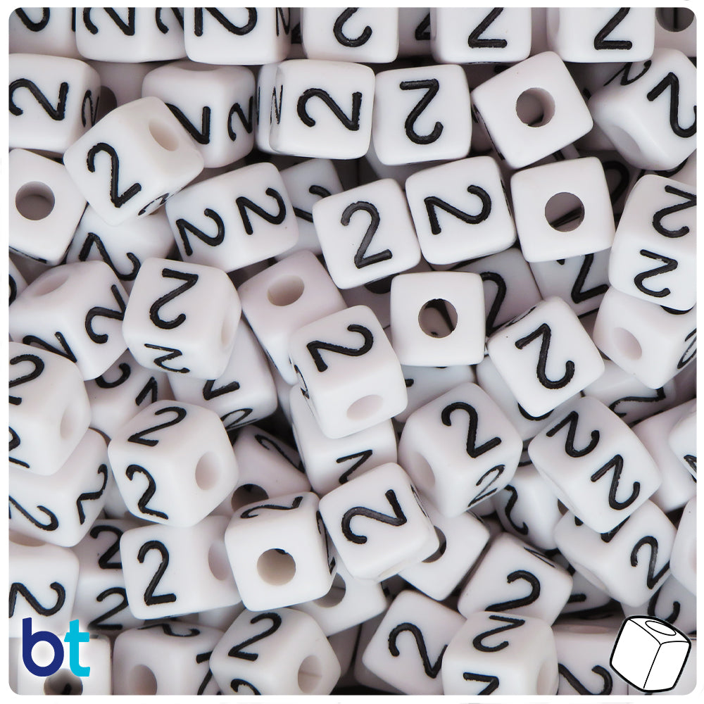 White Opaque 10mm Cube Alpha Beads - Black Number 2 (20pcs)