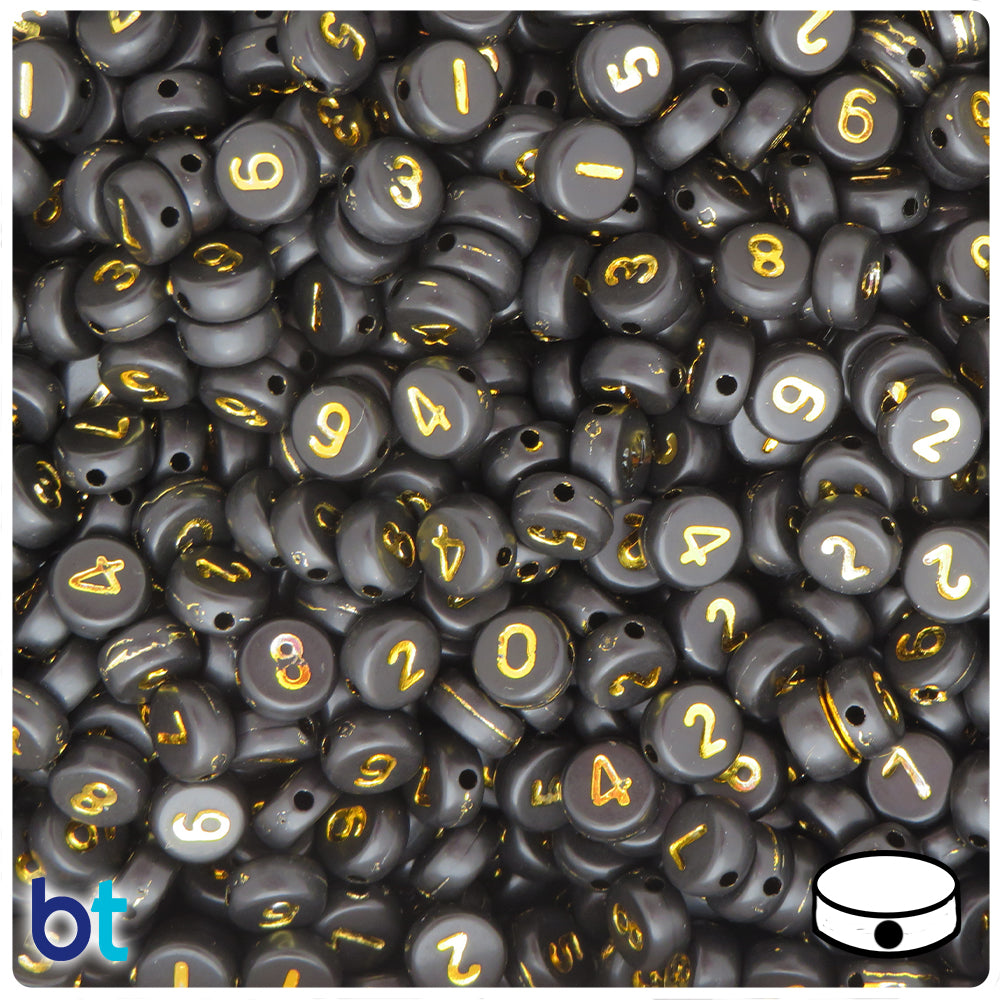 Black Opaque 7mm Coin Alpha Beads - Gold Number Mix (250pcs)
