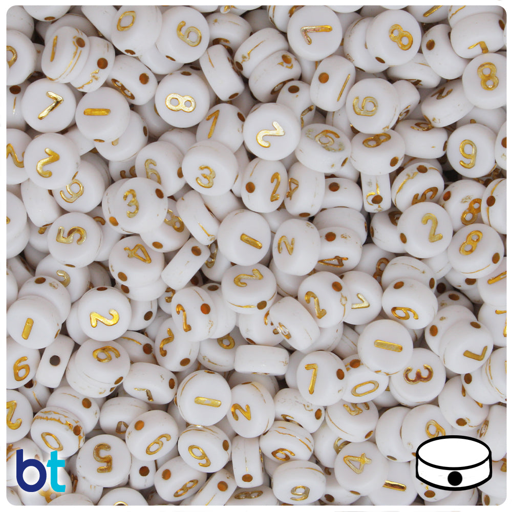 White Opaque 7mm Coin Alpha Beads - Gold Number Mix (250pcs)