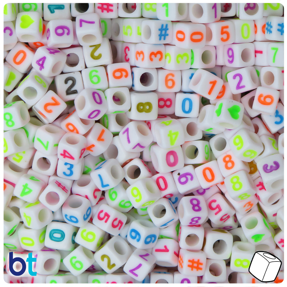 White Opaque 6mm Cube Alpha Beads - Colored Number Mix (200pcs)
