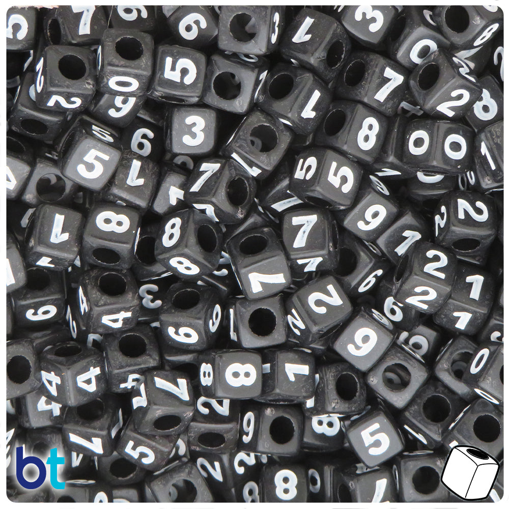 Black Opaque 7mm Cube Alpha Beads - White Number Mix (200pcs)
