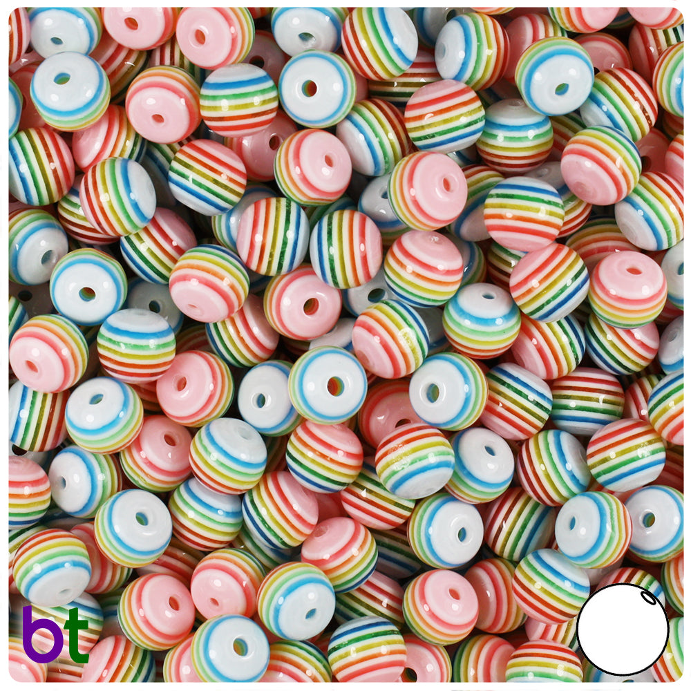 White Opaque 8mm Round Resin Beads - Rainbow Stripes (120pcs)