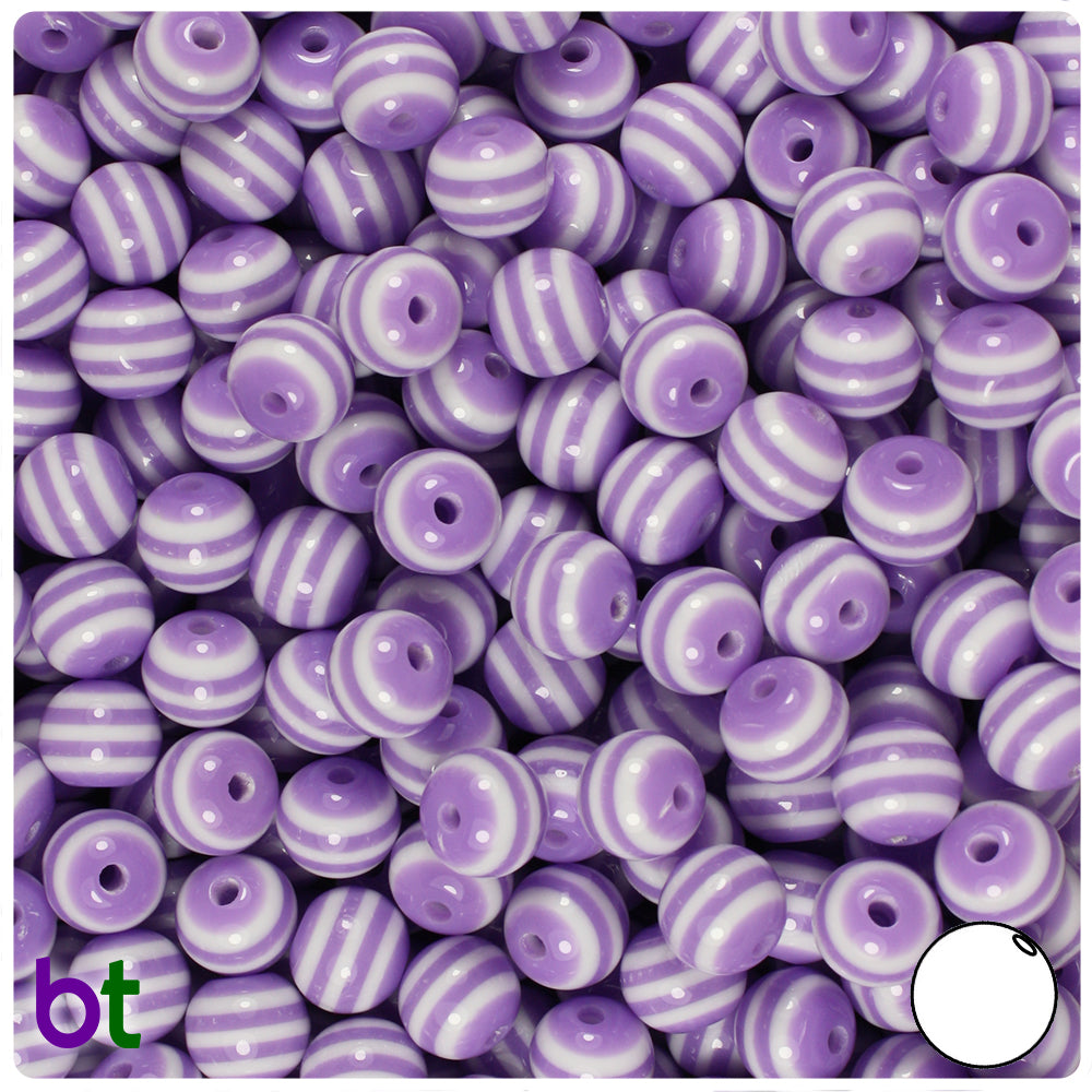Purple Opaque 8mm Round Resin Beads - White Stripes (120pcs)
