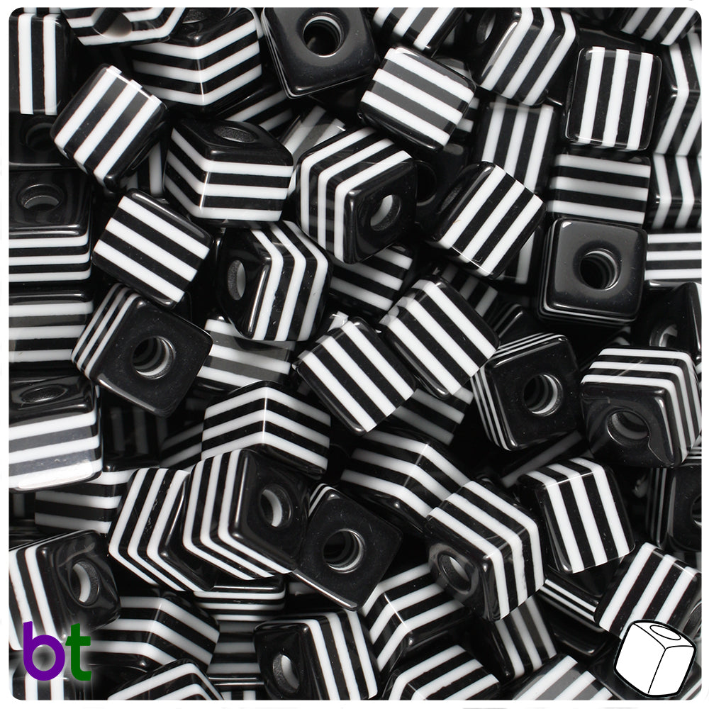 Black Opaque 10mm Cube Resin Beads - White Stripes (100pcs)