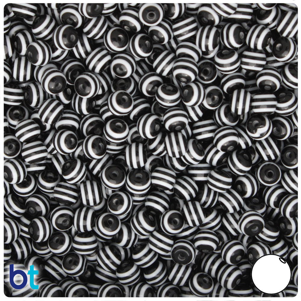 Black Opaque 6mm Round Resin Beads - White Stripes (150pcs)