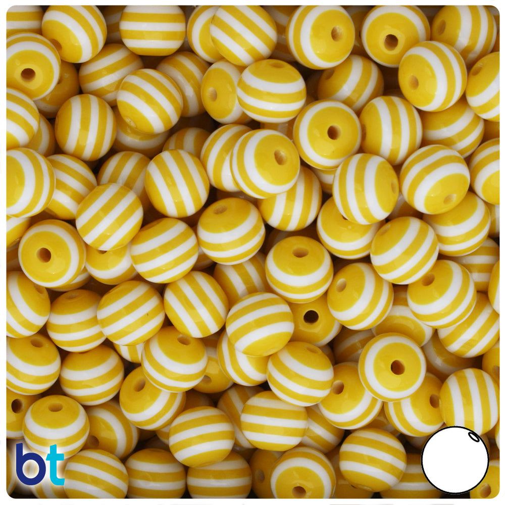Yellow Opaque 10mm Round Resin Beads - White Stripes (75pcs)