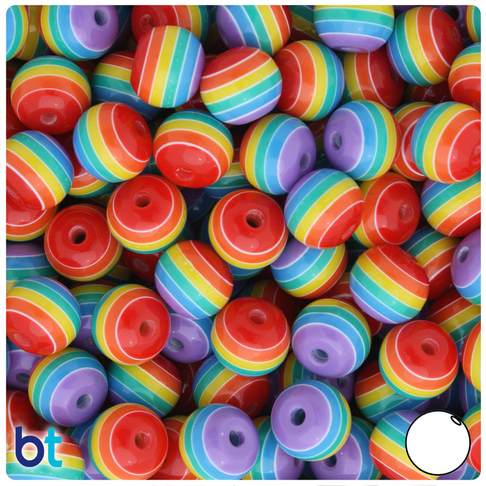 Rainbow Opaque 12mm Round Resin Beads - White Stripes (50pcs)