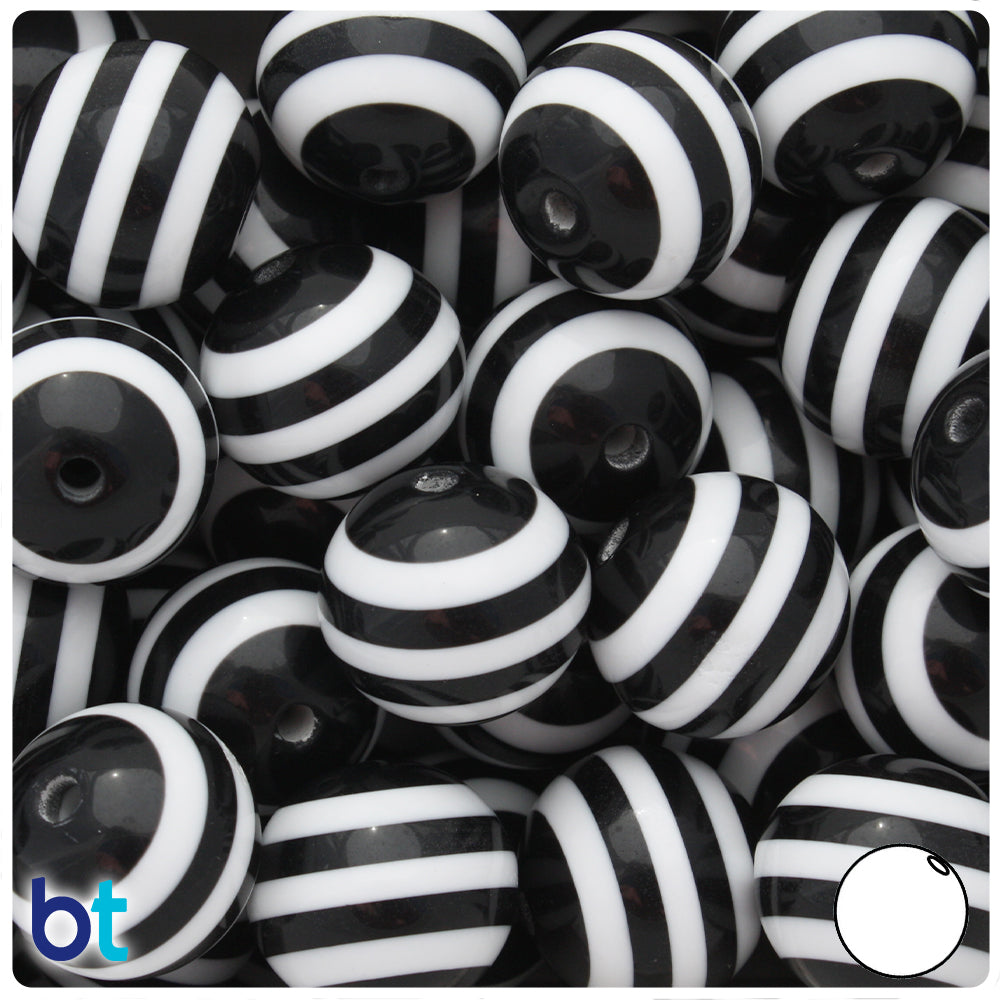 Black Opaque 20mm Round Resin Beads - White Stripes (10pcs)