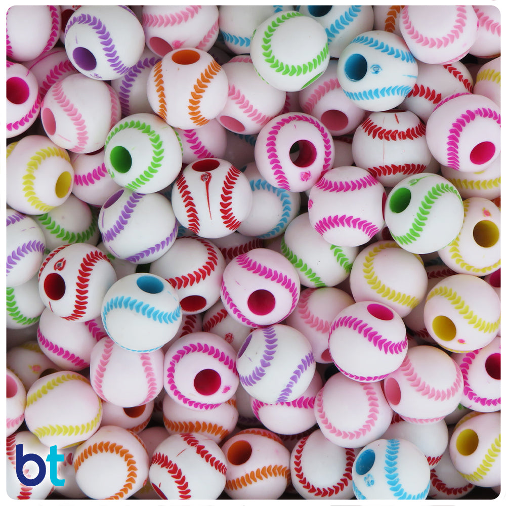 White Opaque 12mm Round Pony Beads - Colored Baseball Design (48pcs)