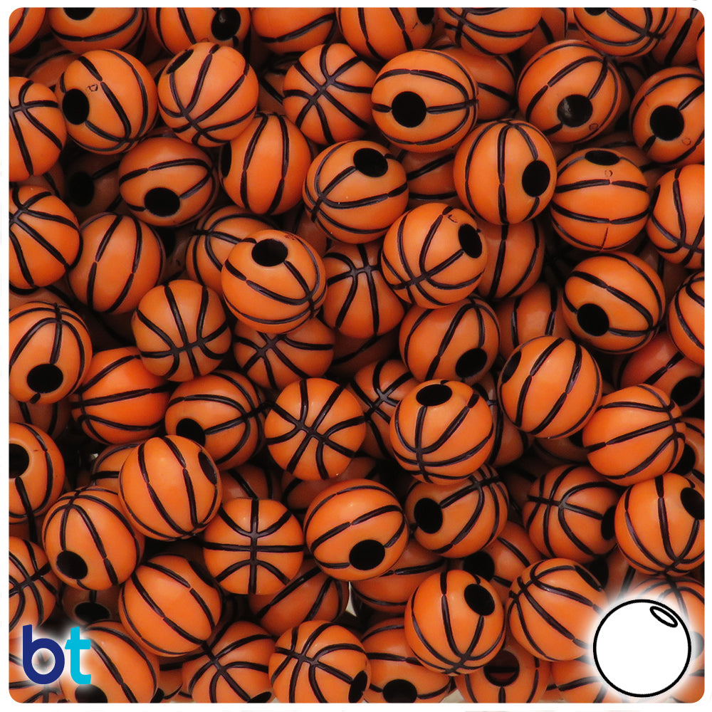Brown Opaque 12mm Round Pony Beads - Black Basketball Design (48pcs)