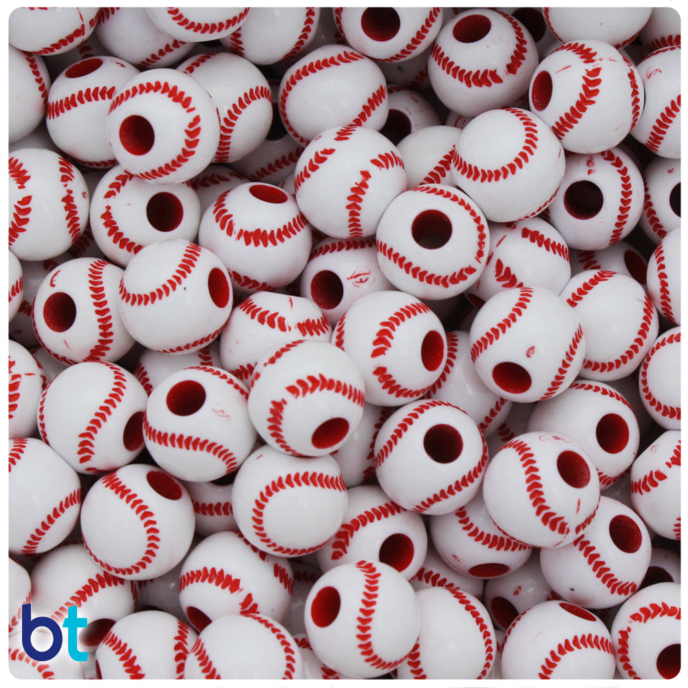 White Opaque 12mm Round Pony Beads - Red Baseball Design (48pcs)