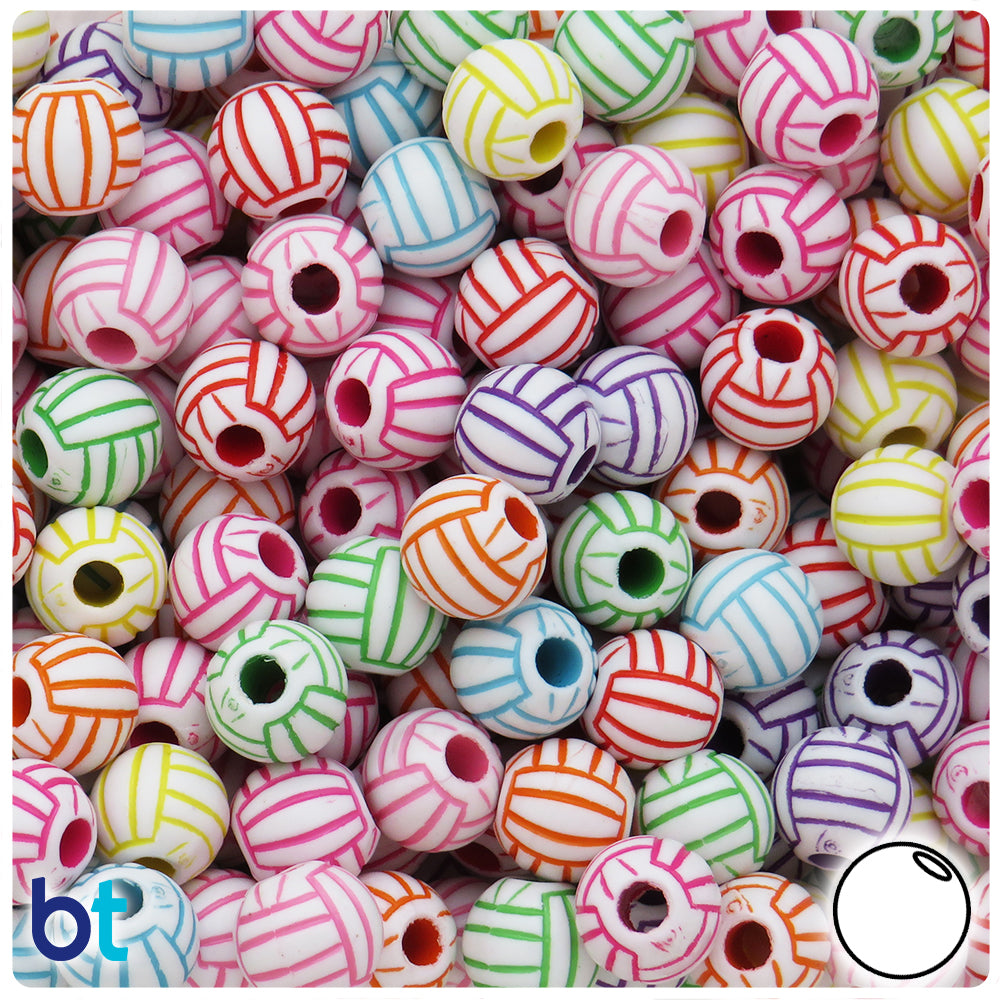 White Opaque 12mm Round Pony Beads - Colored Volleyball Design (48pcs)