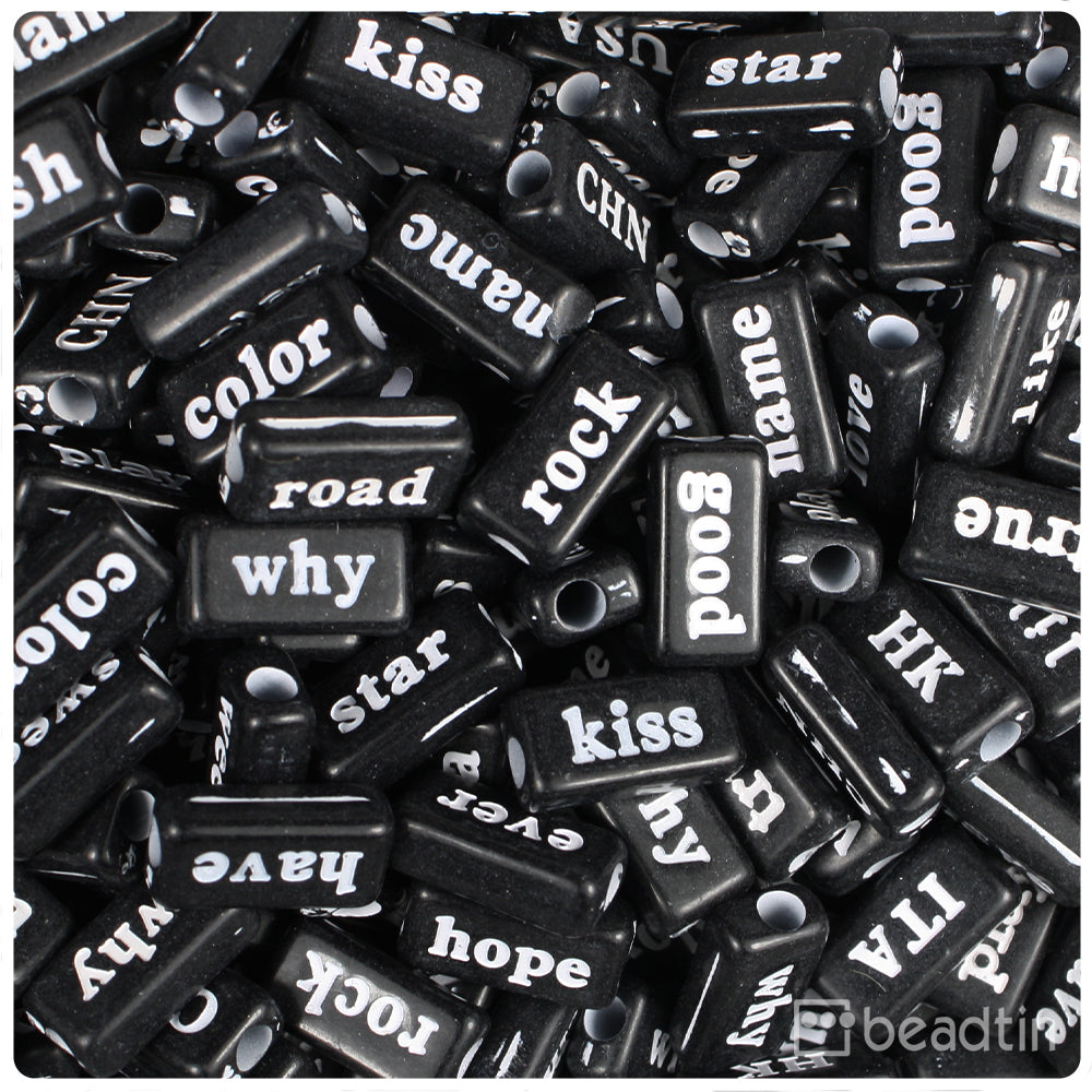 Black Opaque 15mm Rectangle Alpha Beads - White Words (100pcs)