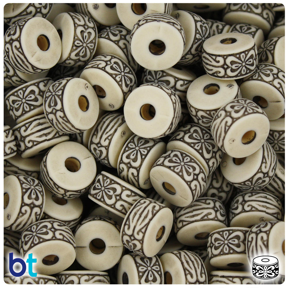 Ivory Antique 13mm Floral Drum Plastic Beads (40pcs)
