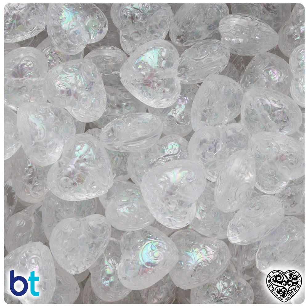 Crystal Transparent AB 15mm Filigree Heart Plastic Pendant Beads (25pcs)