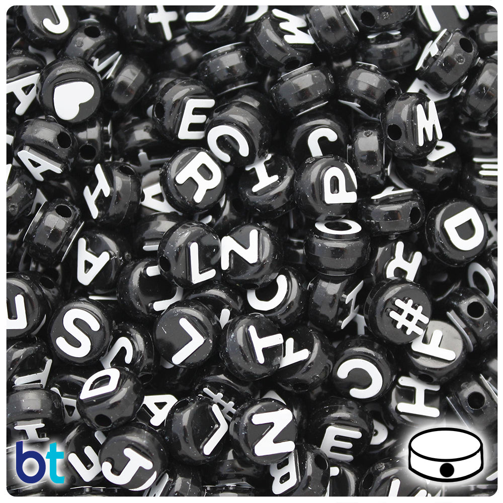 Black Opaque 10mm Coin Alpha Beads - White Letter Mix (144pcs)