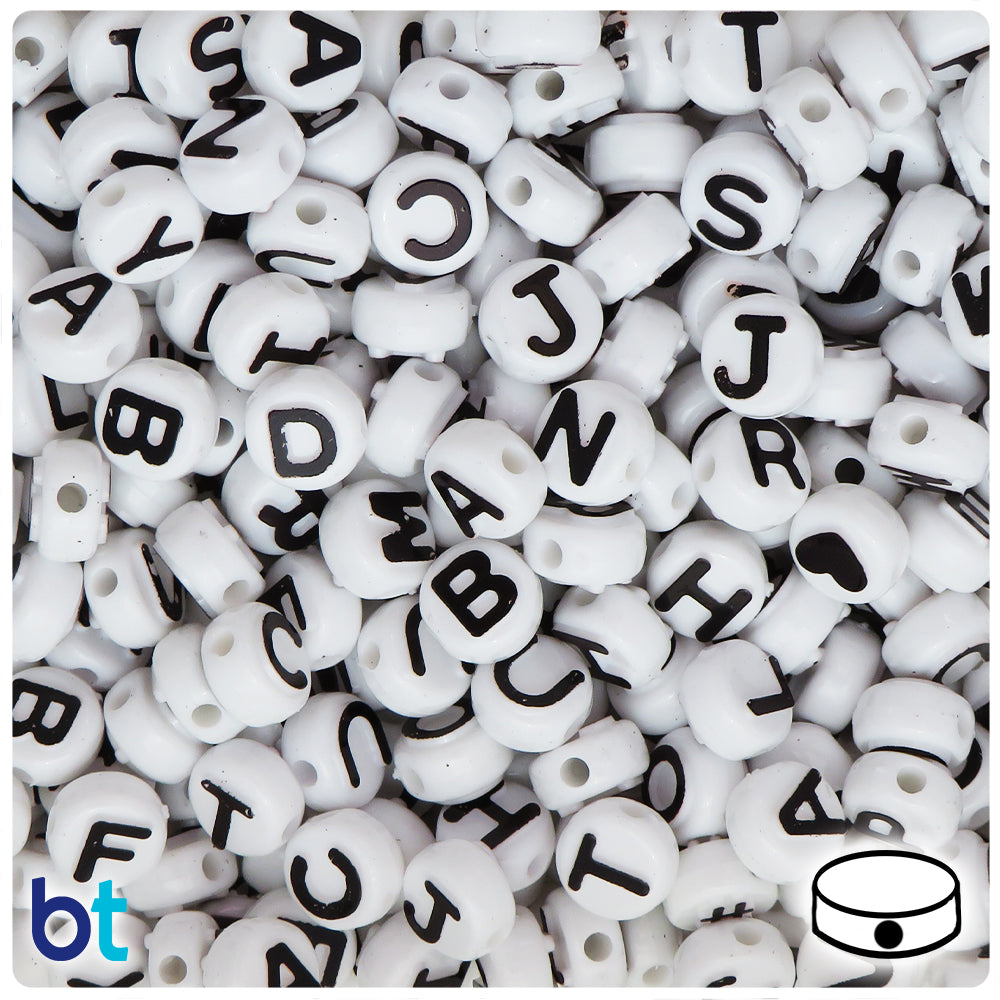 The Beadery White Opaque 10mm Coin Alpha Beads - Black Letter Mix (144pcs)