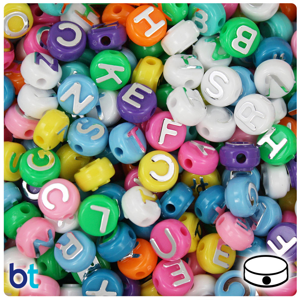 Bright Mix Opaque 10mm Coin Alpha Beads - Silver Letter Mix (144pcs)