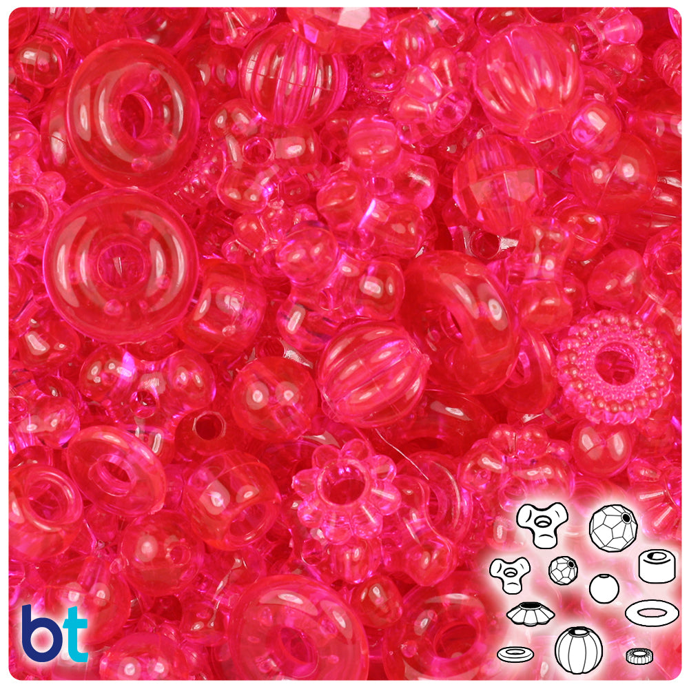 Hot Pink Transparent Plastic Craft Beads Mix (113g)