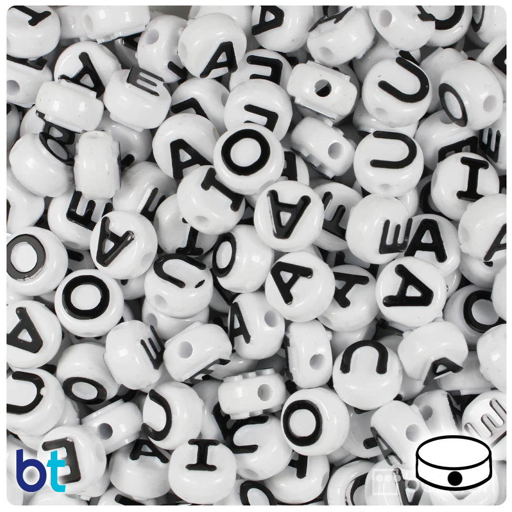 White Opaque 10mm Coin Alpha Beads - Black Vowel Mix (144pcs)