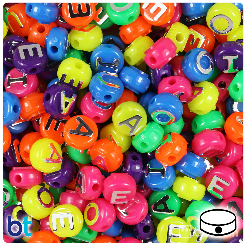 Neon Bright Mix 10mm Coin Alpha Beads - Silver Vowel Mix (144pcs)