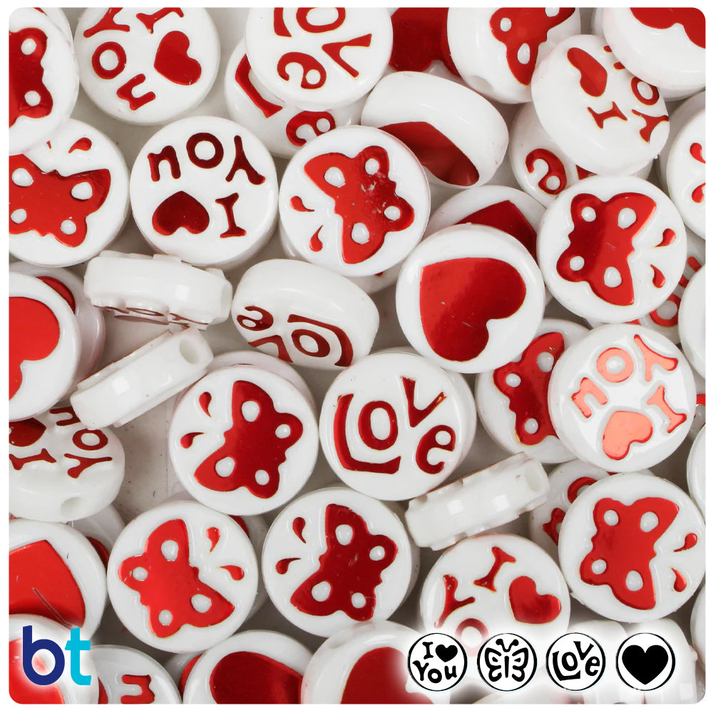 Friendship 13mm Picture Beads - White Opaque with Metallic Red (30pcs)