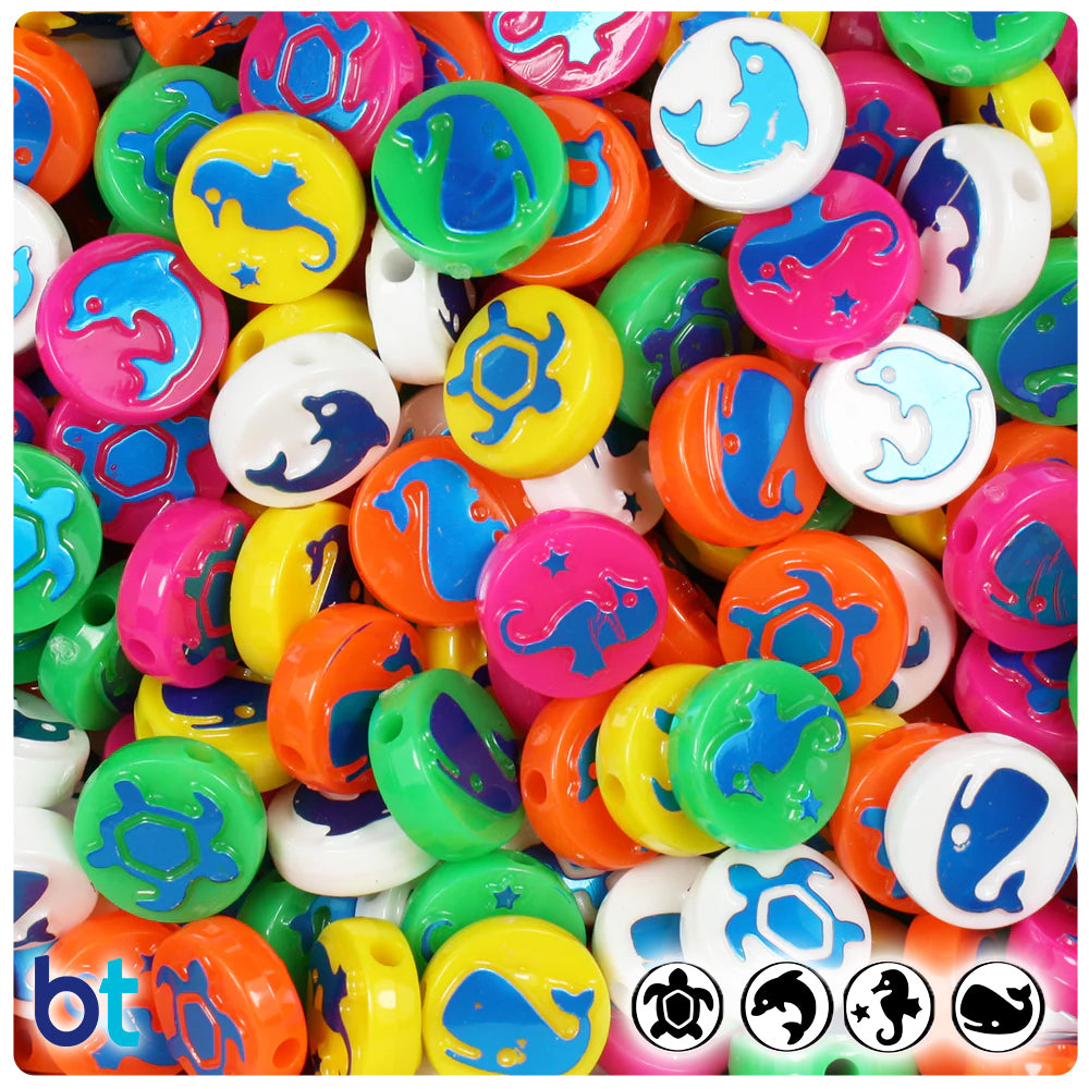 Sea Life 13mm Picture Beads - Opaque Mix with Metallic Blue (30pcs)