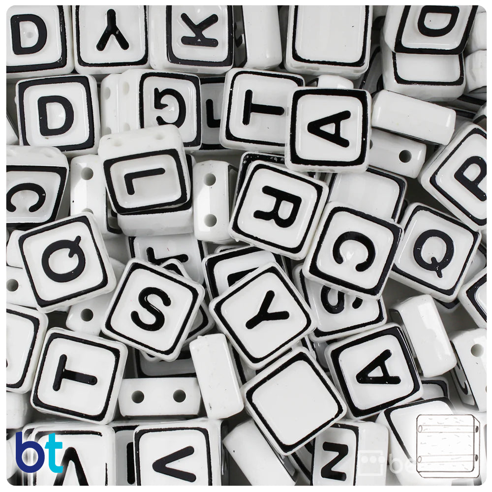 White Opaque 13mm Square Alpha Beads - Black Letter Mix (4oz)