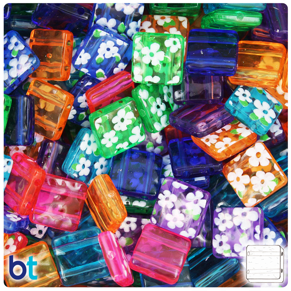 Jelly Transparent Mix 13mm Hammered Plastic Slide Beads - Flower Print (84g)