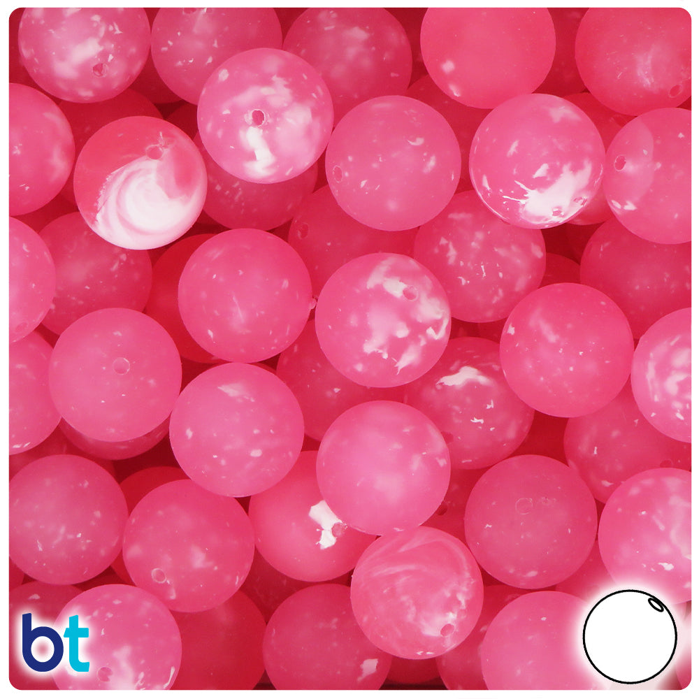 Pink Frosted 14mm Round Plastic Beads - White Swirls (36pcs)