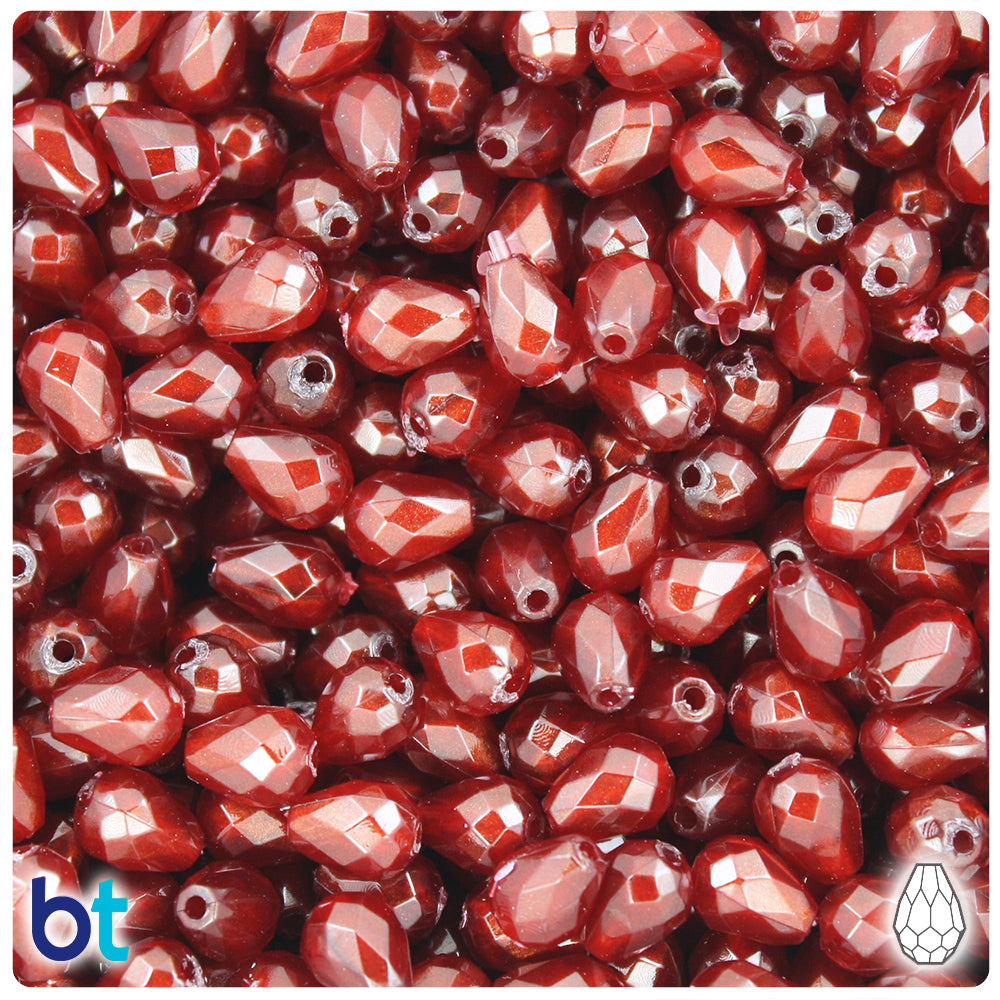 Garnet Transparent 9mm Faceted Pear Plastic Beads - Gold Swirls (60pcs)