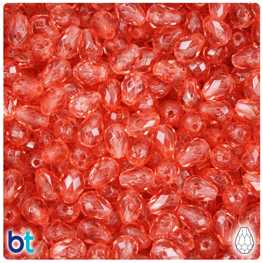 Medium Coral Transparent 9mm Faceted Pear Plastic Beads (60pcs)