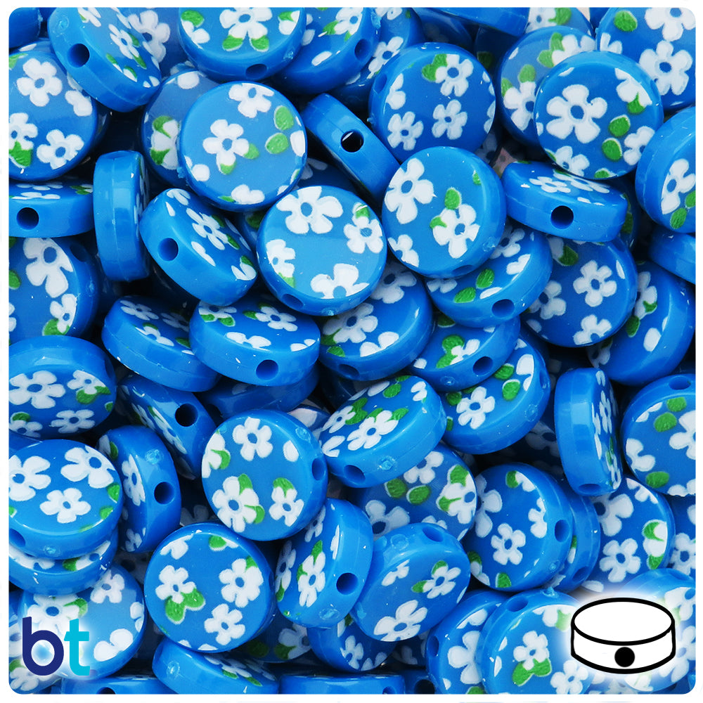 True Blue Neon Bright 13mm Coin Plastic Beads  - Flower Print (150pcs)