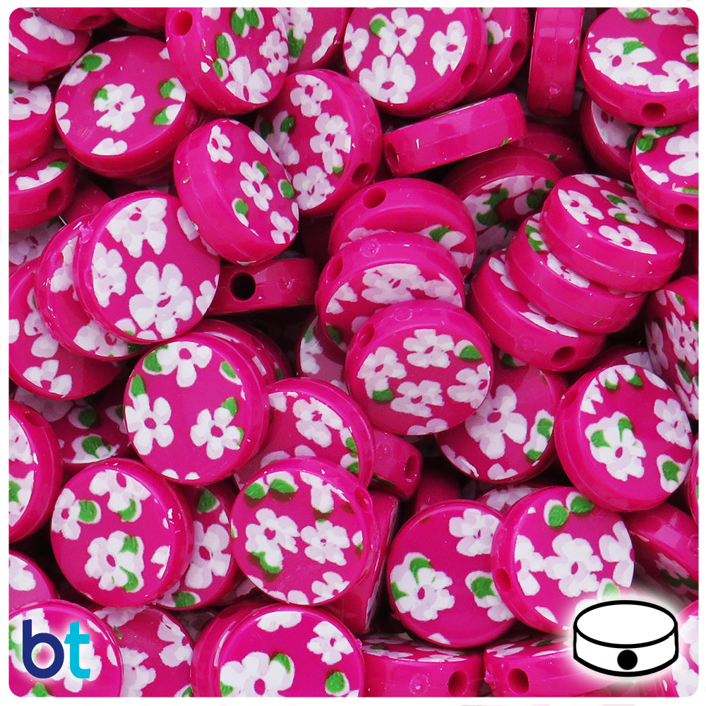Mulberry Opaque 13mm Coin Plastic Beads  - Flower Print (150pcs)