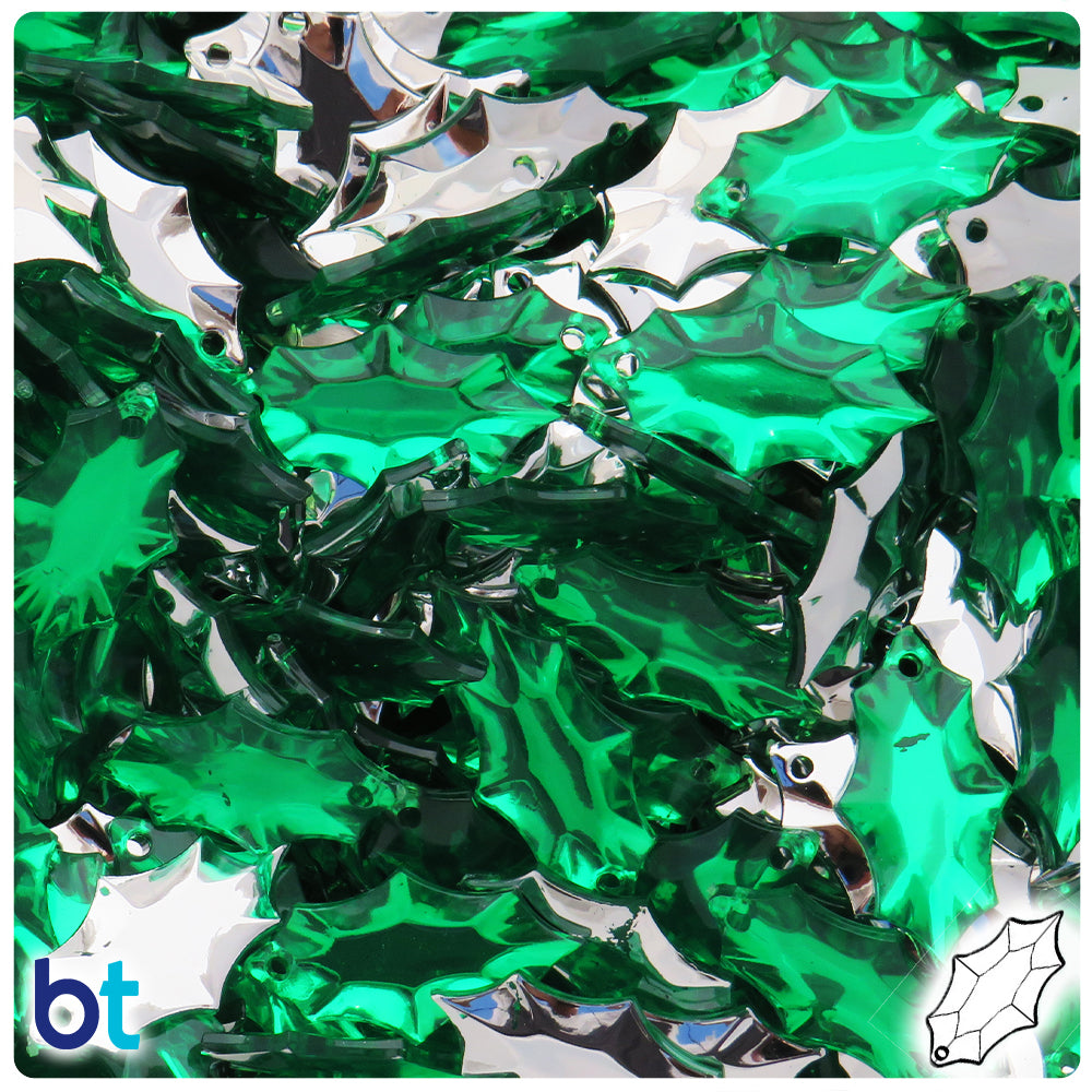 Emerald Transparent w/Silver Foil 23mm Plastic Holly Leaves (100pcs)