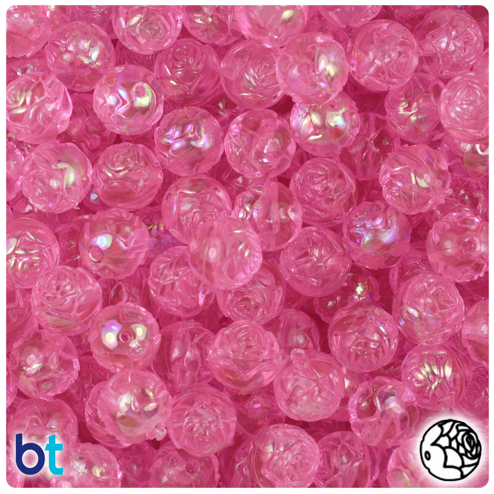 Pink Transparent AB 9mm Rosebud Plastic Beads (100pcs)