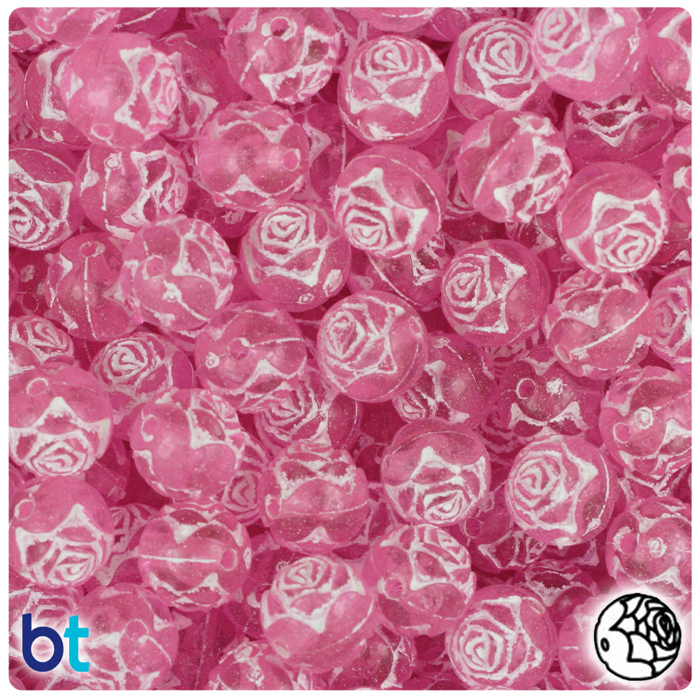 Pink Transparent 9mm Rosebud Plastic Beads - White Antique (100pcs)