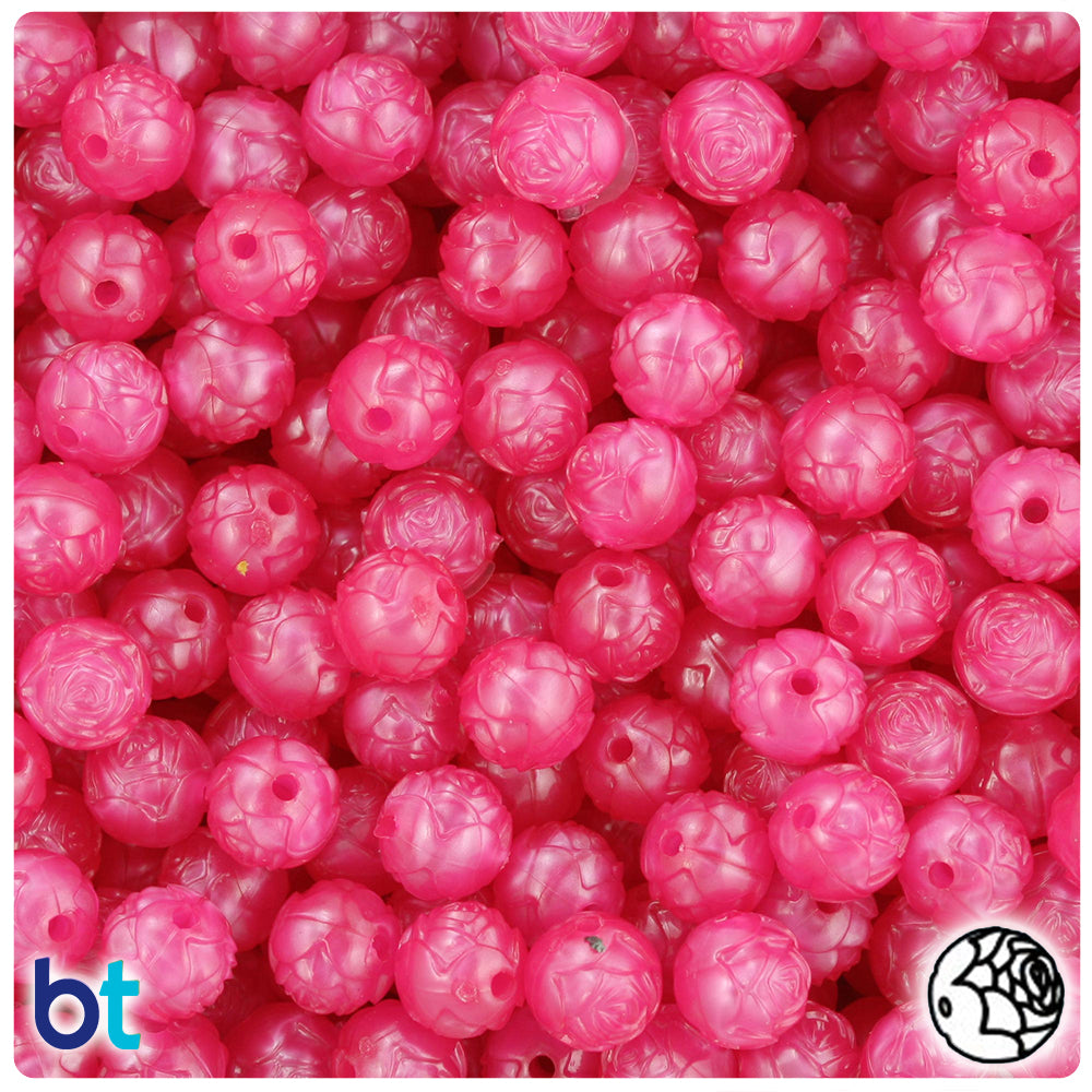 Hot Pink Pearl 9mm Rosebud Plastic Beads (100pcs)