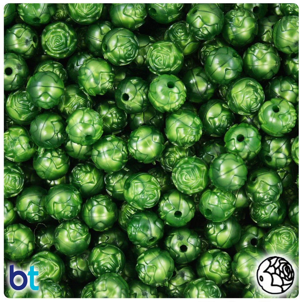 Dark Green Pearl 9mm Rosebud Plastic Beads (100pcs)
