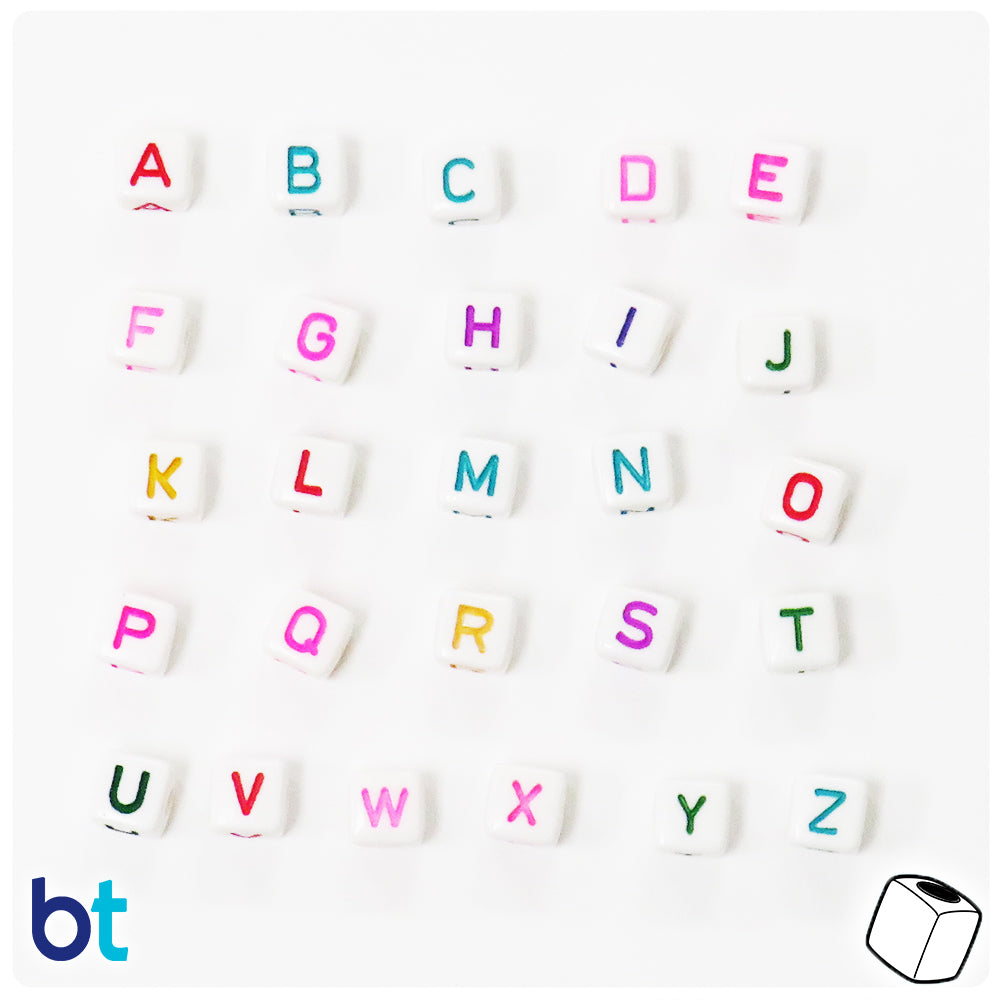 Bulk Buy - White Opaque 10mm Cube Plastic Alpha Beads - Colored Letters