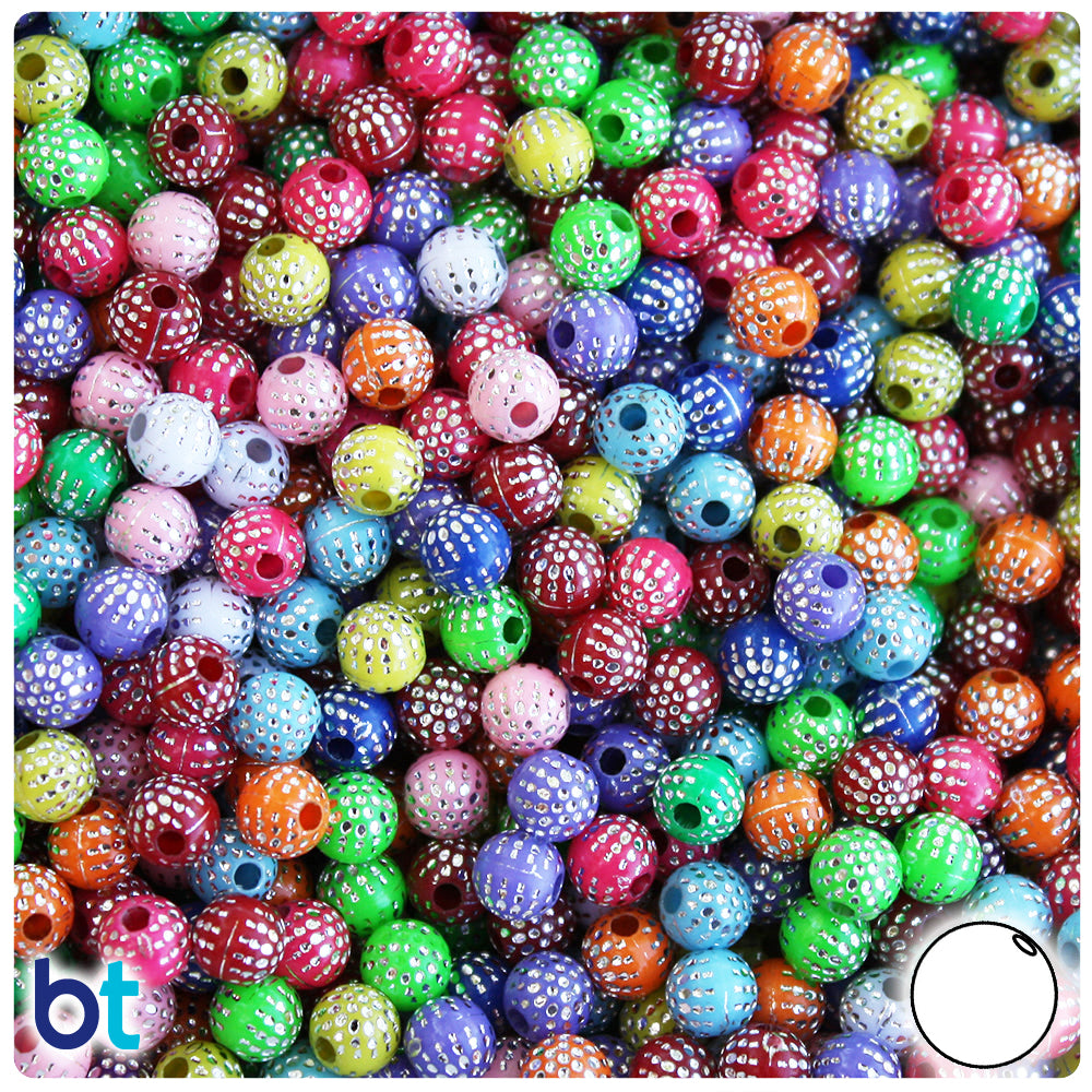 Mixed Opaque 6mm Round Plastic Beads - Silver Dots (200pcs)