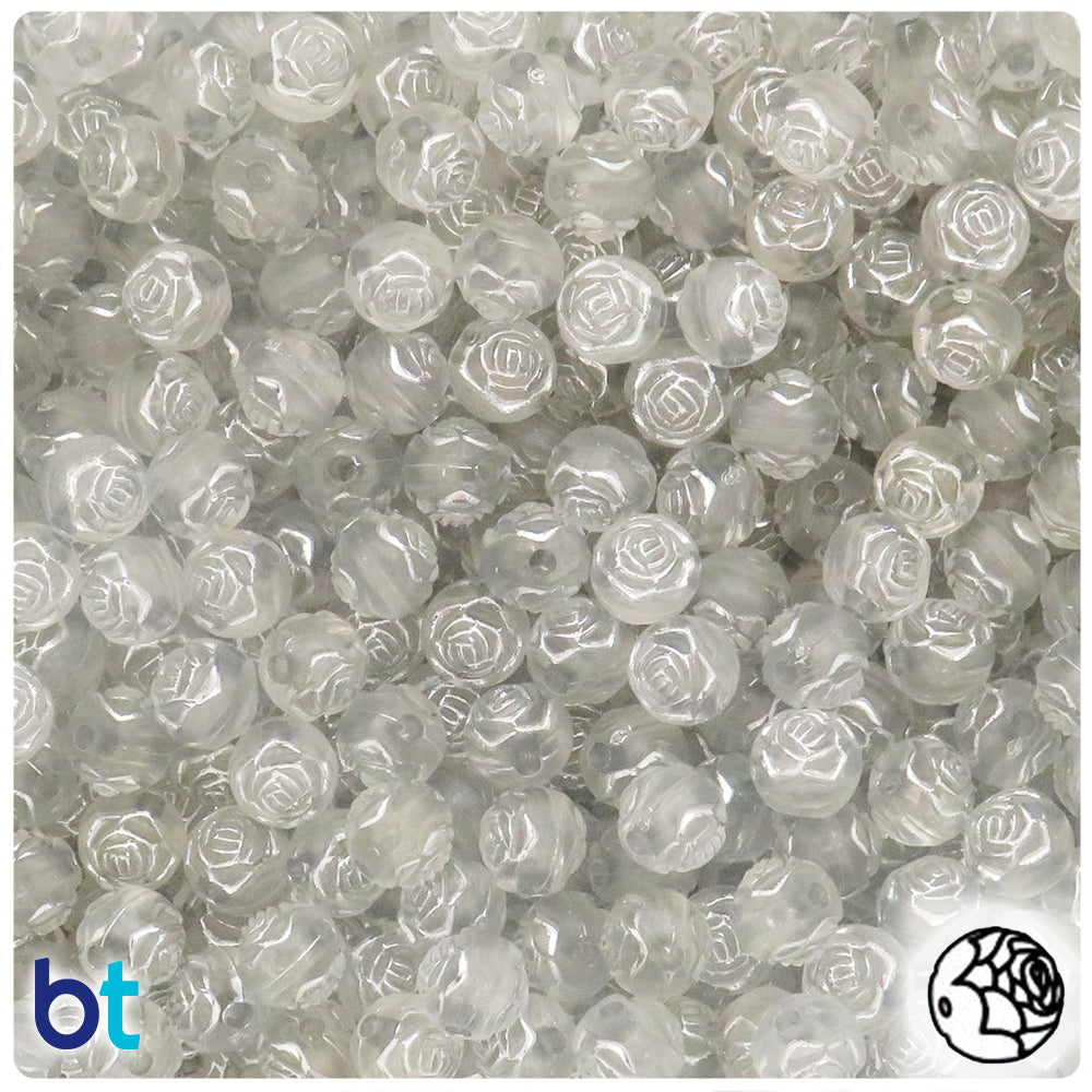 Clear Transparent 8mm Round Plastic Beads - Silver Rosebuds (190pcs)