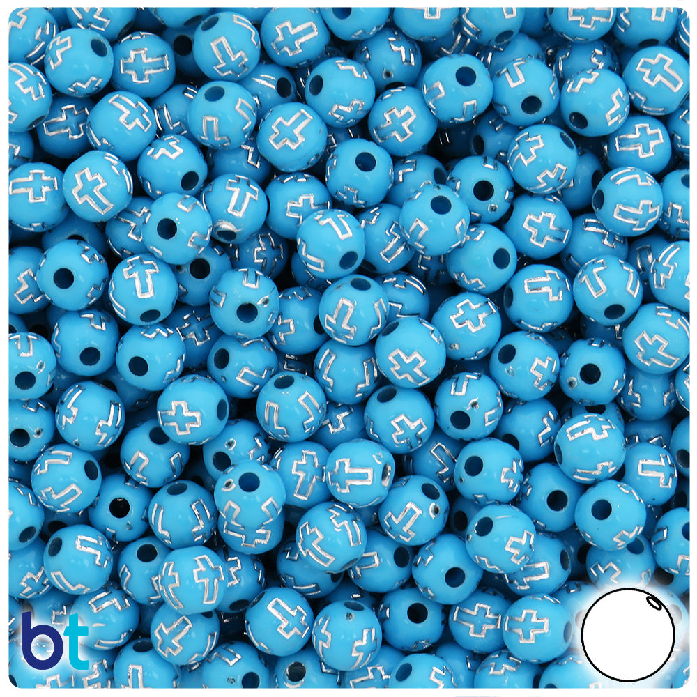 Light Blue Opaque 8mm Round Plastic Beads - Silver Accent Crosses (150pcs)