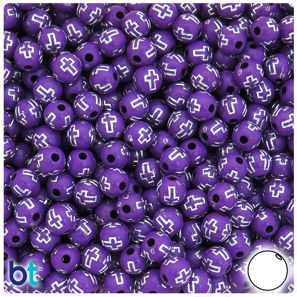 Dark Purple Opaque 8mm Round Plastic Beads - Silver Accent Crosses (150pcs)