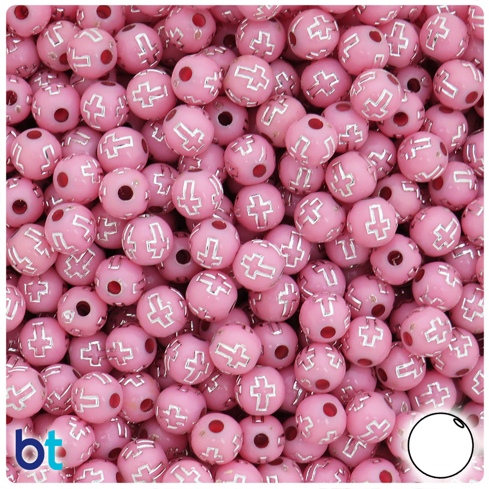 Light Pink Opaque 8mm Round Plastic Beads - Silver Accent Crosses (150pcs)