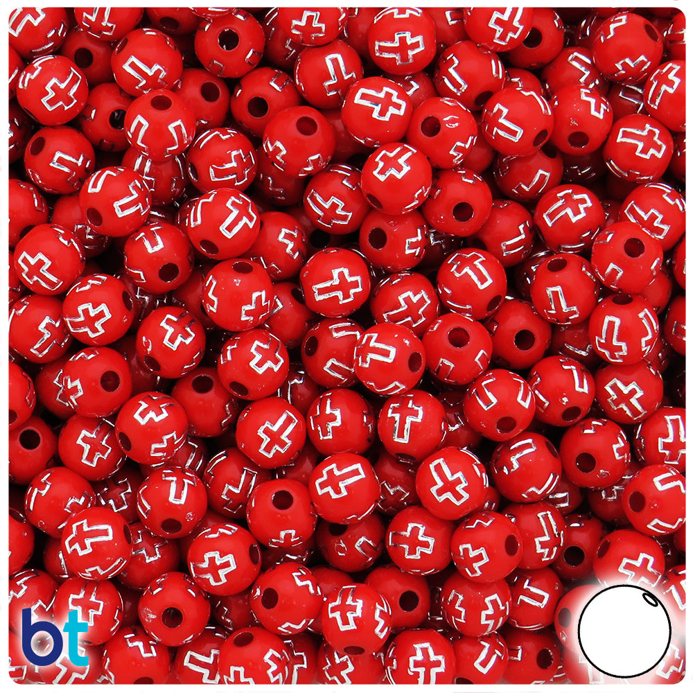Red Opaque 8mm Round Plastic Beads - Silver Crosses (150pcs)