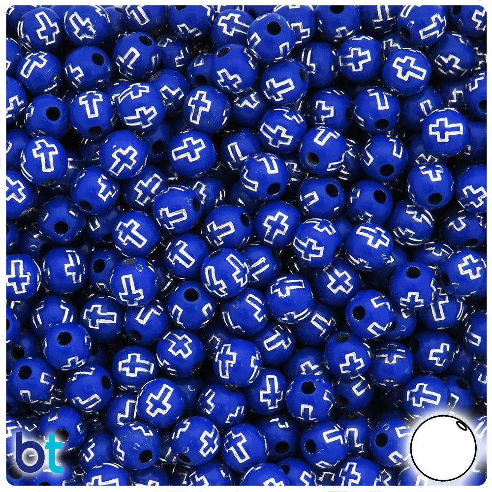 Dark Blue Opaque 8mm Round Plastic Beads - Silver Accent Crosses (150pcs)