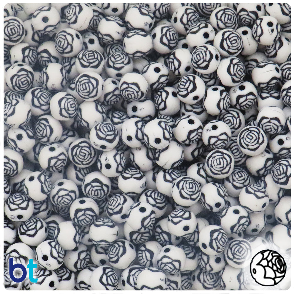 White Opaque 8mm Round Plastic Beads - Black Rosebuds (190pcs)