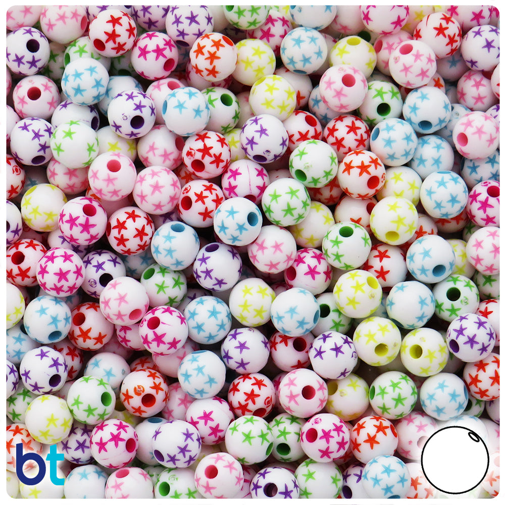 White Opaque 8mm Round Plastic Beads - Colored Stars (150pcs)
