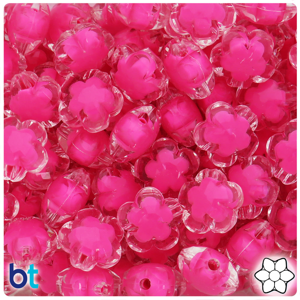 Clear Transparent 18mm Flower Plastic Beads - Dark Pink Core Bead (25pcs)